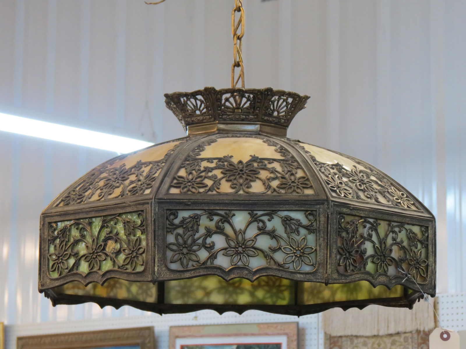 Antique Slag Glass Hanging Light Fixture, fancy floral metalwork,  octagon shape,  blue and  green (1 of 3)