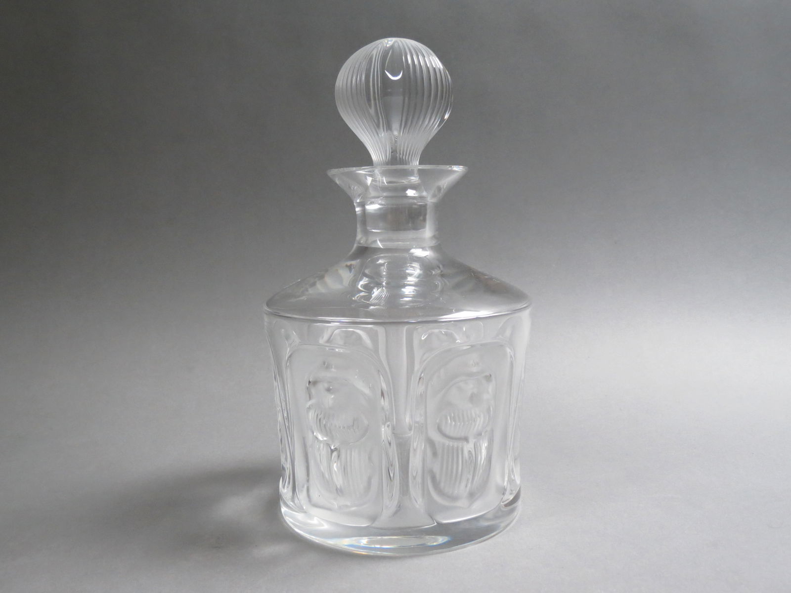 Lalique Crystal "Scarab" Decanter, frosted panels of scarabs, 9" tall, excellent. (1 of 5)