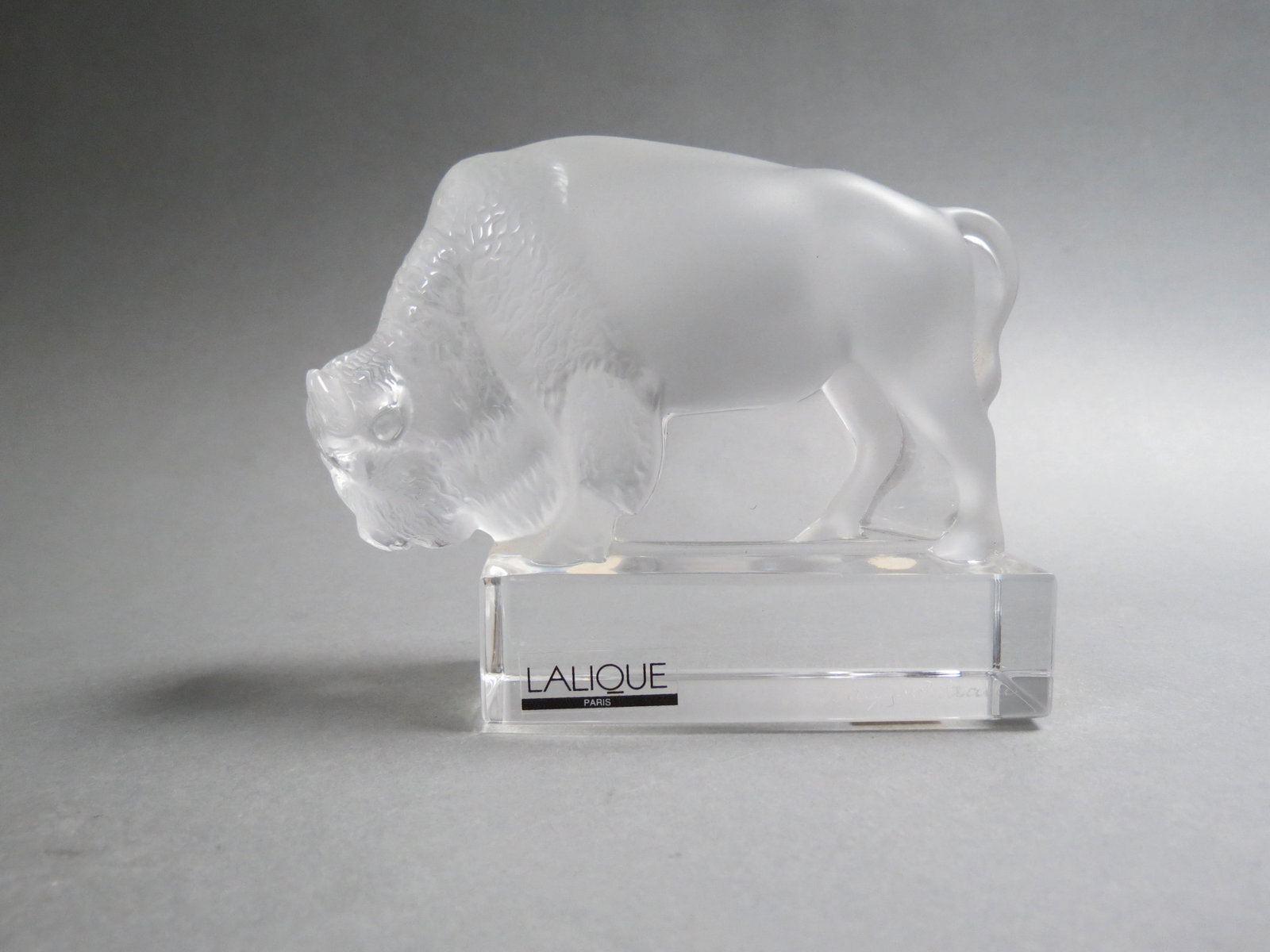 Lalique Crystal Figurine of a Buffalo, frosted, 4" tall, 5" long, still in original box, excellent.: Lalique Crystal Figurine of a Buffalo, frosted, 4" tall, 5" long, still in original box, excellent.