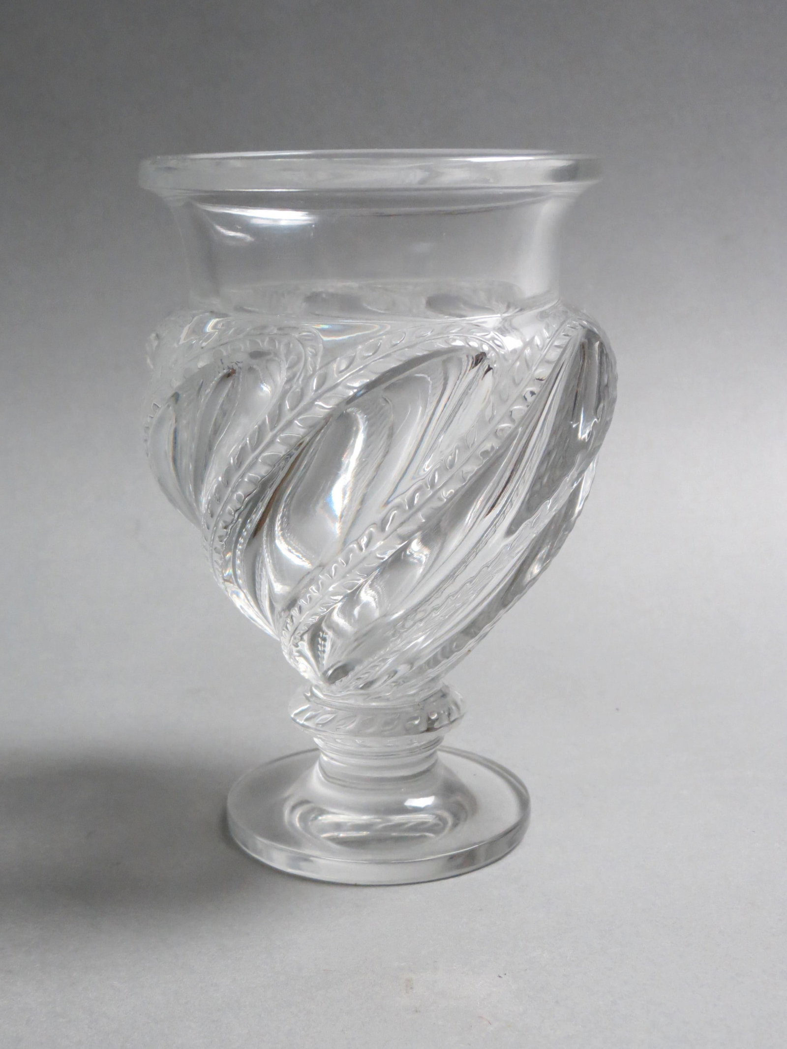 Lalique Crystal Vase, frosted vine and clear twist design, low pedestal base, 6" signed, excellent.: Lalique Crystal Vase, frosted vine and clear twist design, low pedestal base, 6" signed, excellent.