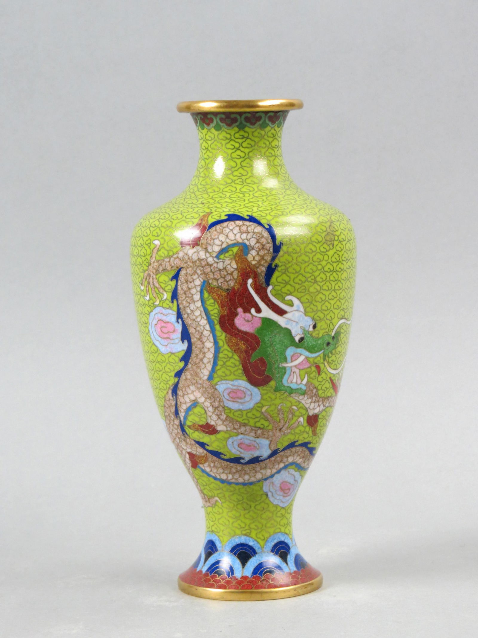 Chinese Cloisonne Vase with Dragon & Flaming Ball, on yellow-green field with "cloud" design: Chinese Cloisonne Vase with Dragon & Flaming Ball, on yellow-green field with "cloud" design wirework, 10 1/4", excellent.