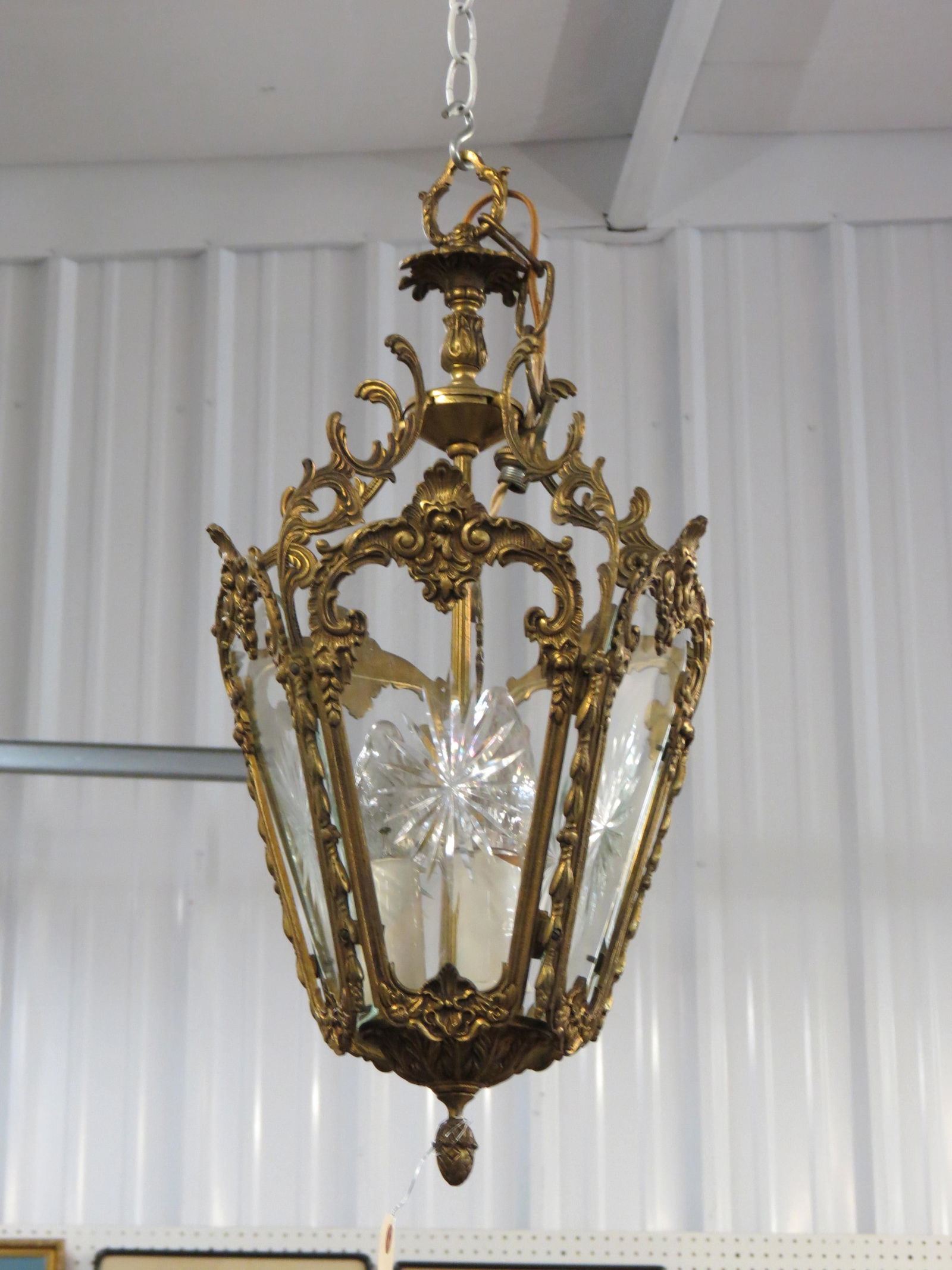 Pair of Bronzed & Cut Glass Hanging Light Fixtures with five panels, star cut design, 10" at widest (1 of 3)