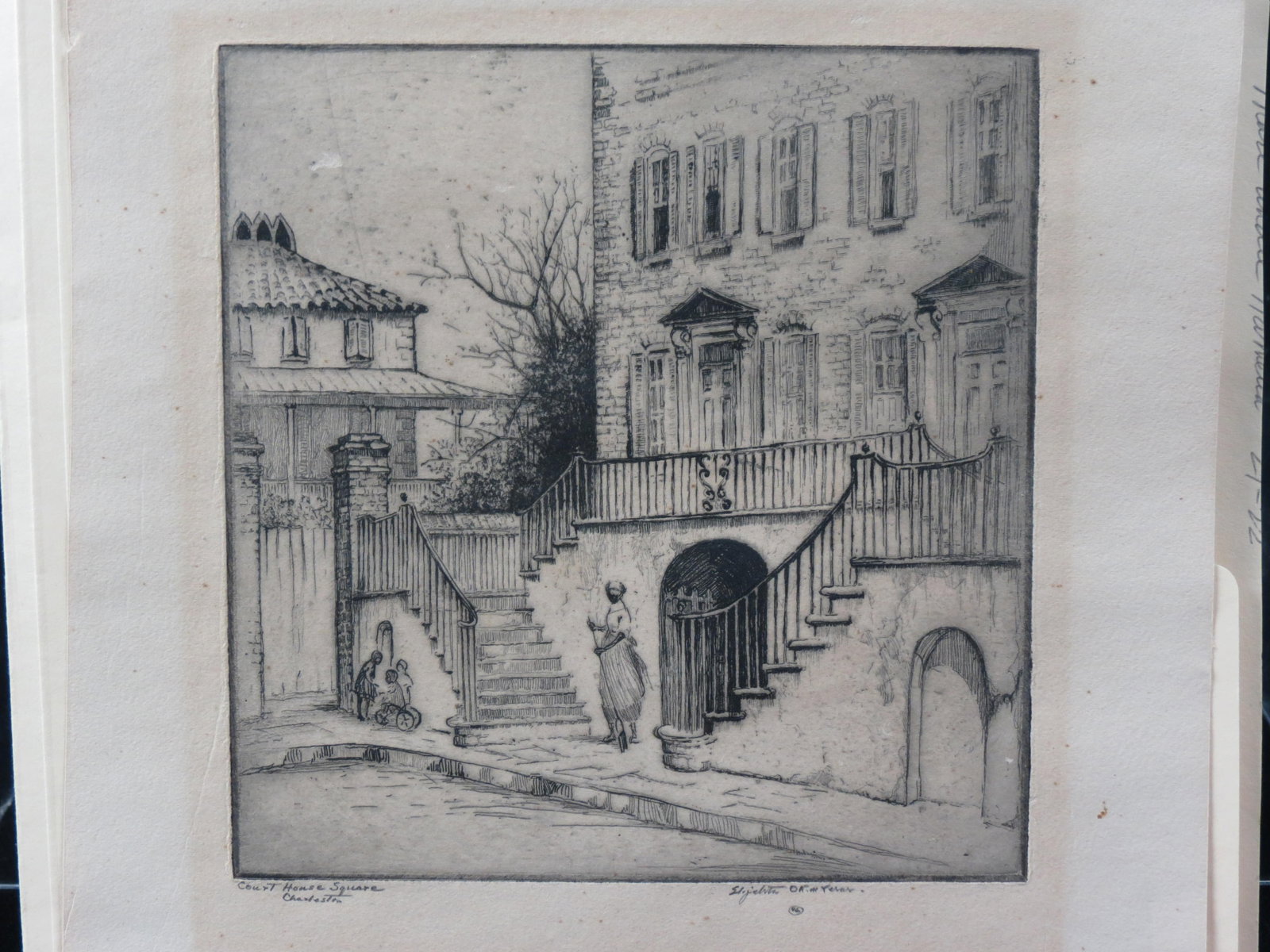Elizabeth O'Neill Verner, etching, "Court House Square, Charleston", scene with black female: Elizabeth O'Neill Verner, etching, "Court House Square, Charleston", scene with black female sweeping, children at place, in front of court house, well known Southern artist, image area 5 3/4" X 5 3/4