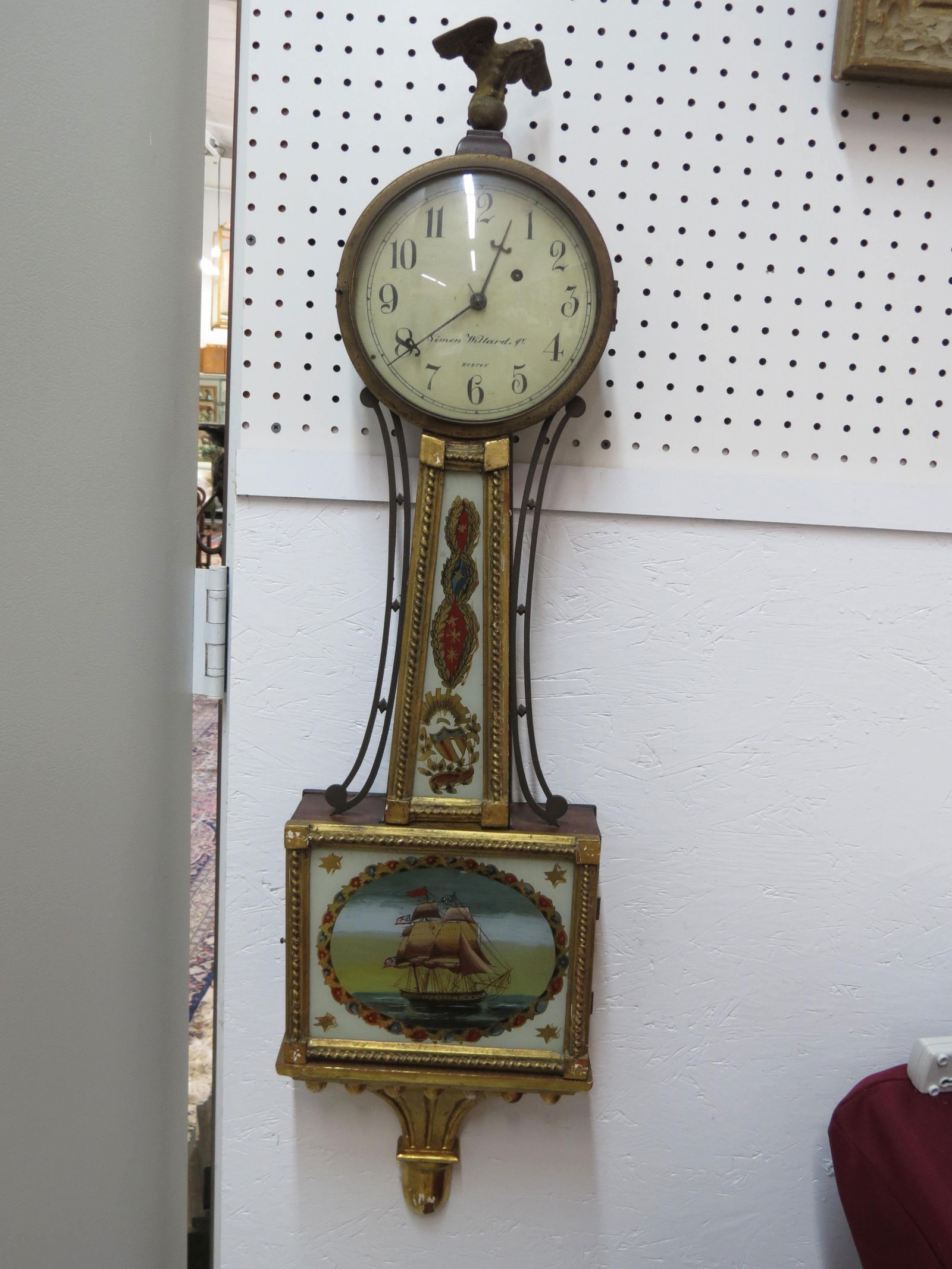Simon Willard, Jr. Banjo Clock, 1815-1830, reverse painted with sailing ship and patriotic  decor, (1 of 9)