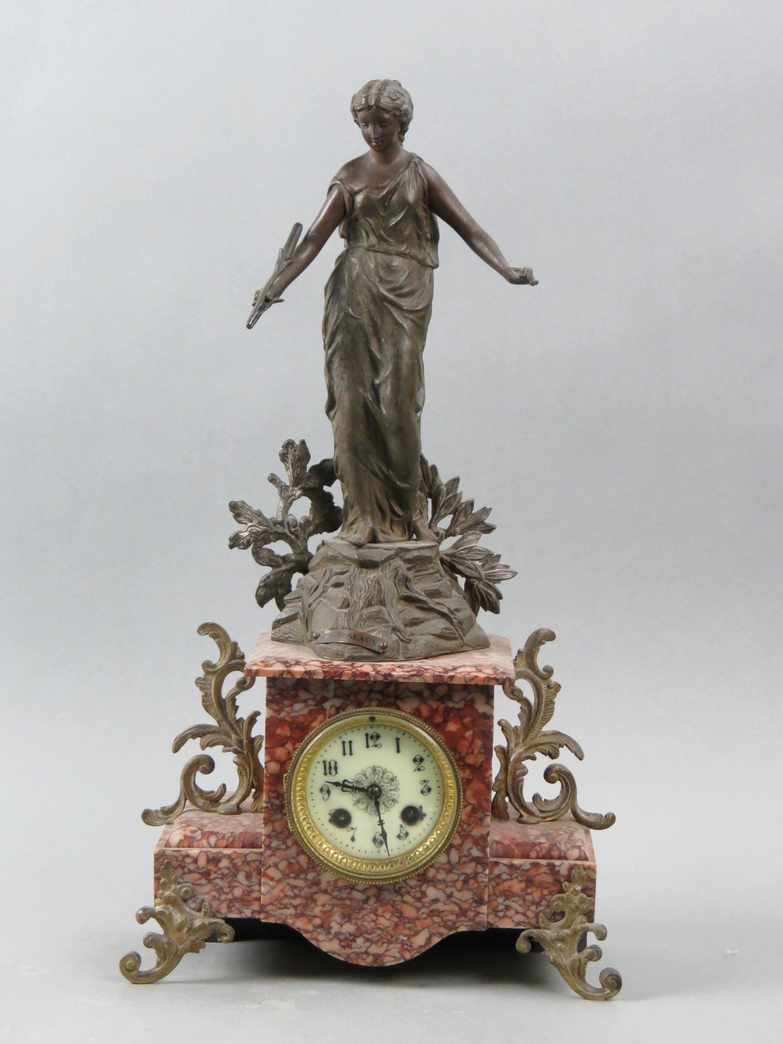 19th Century Figural Mantle Clock, bronzed and marble with classical female on top,  signed japy (1 of 4)