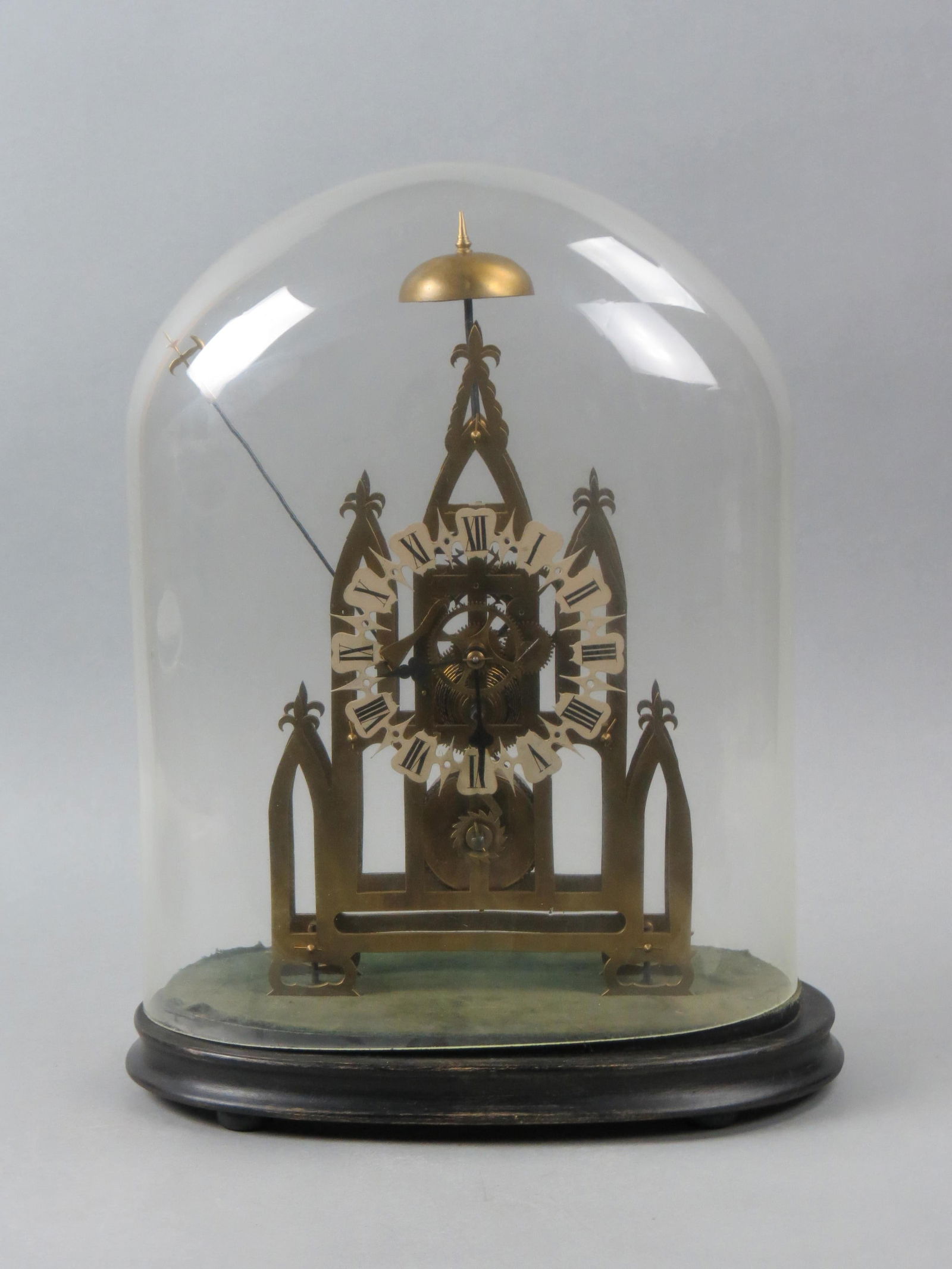 Skeleton Type Clock under glass dome, brass cathedral style arch designs, Roman numerial  dial, (1 of 5)