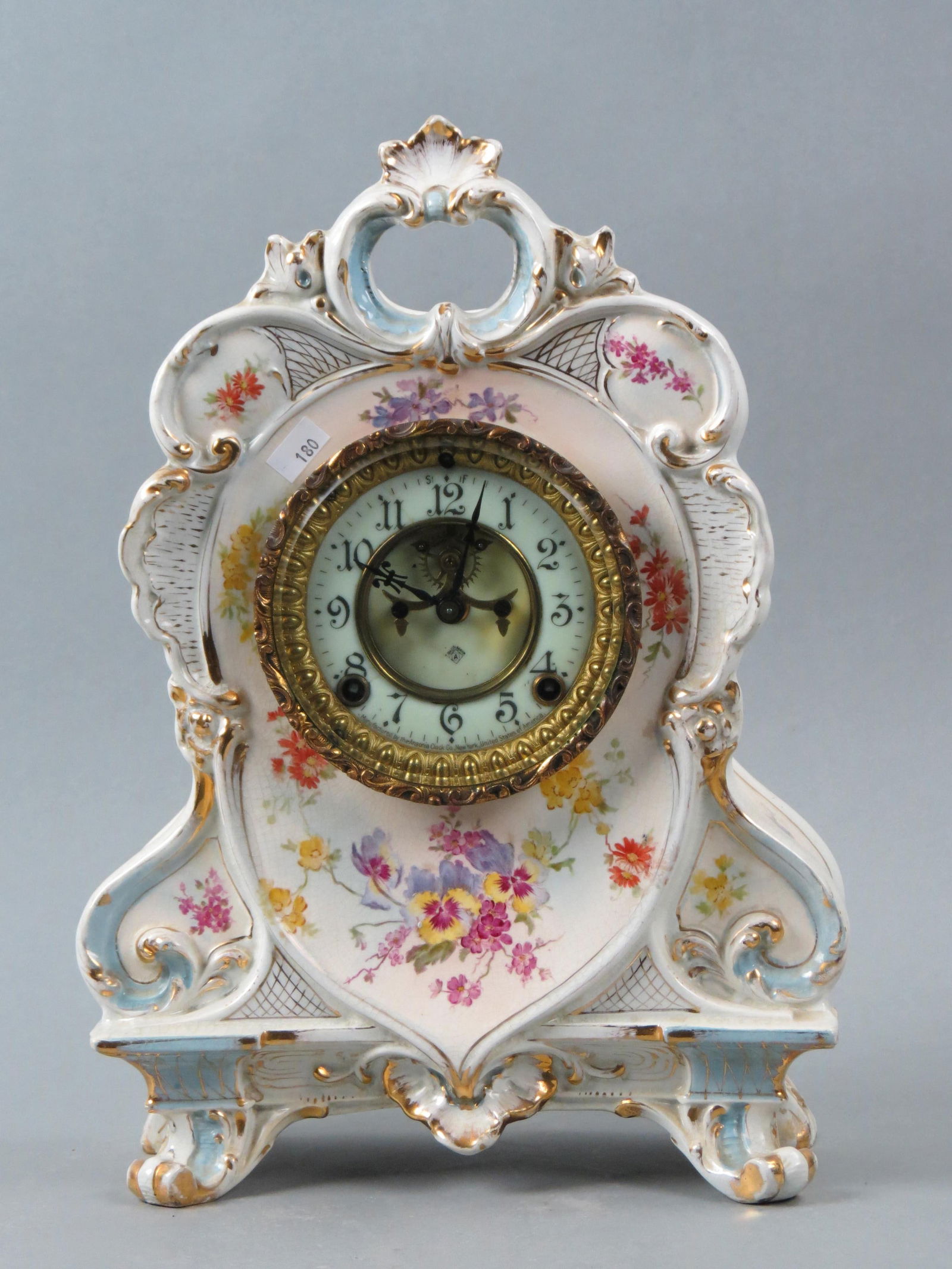 Ansonia Royal Bonn China Cased Clock, floral decor, 15" tall, 10" wide, working. (1 of 6)