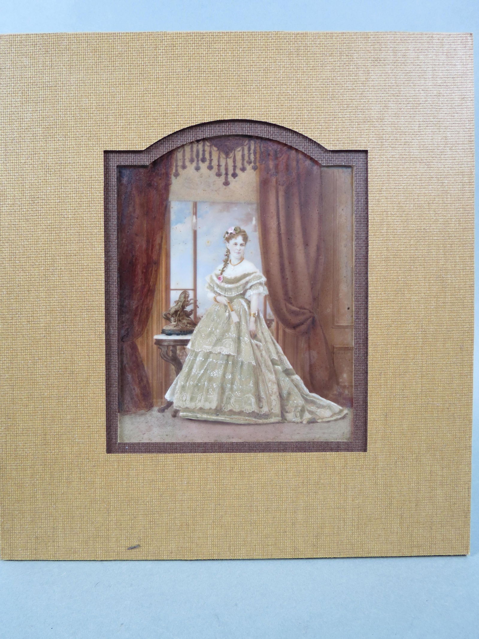 Fine Miniature Painting of Young Lady, wearing an elaborate gown, holding a fan, wearing  jewels, (1 of 6)