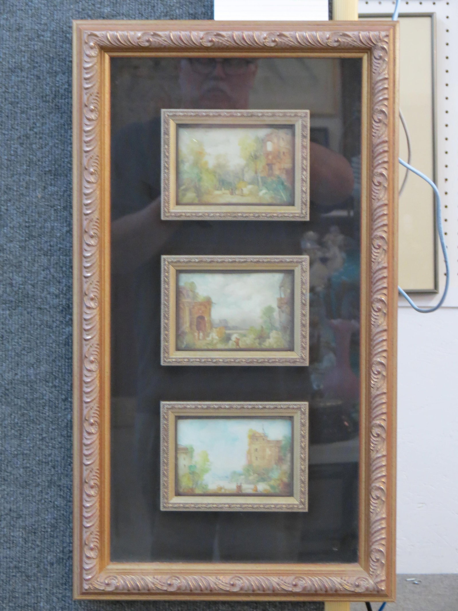 3 Miniature Paintings European 19th Century Scenes with figures and buildings in landscapes, each: 3 Miniature Paintings European 19th Century Scenes with figures and buildings in landscapes, each image 4" X 6", framed together under glass, overall 26" X 14", excellent.