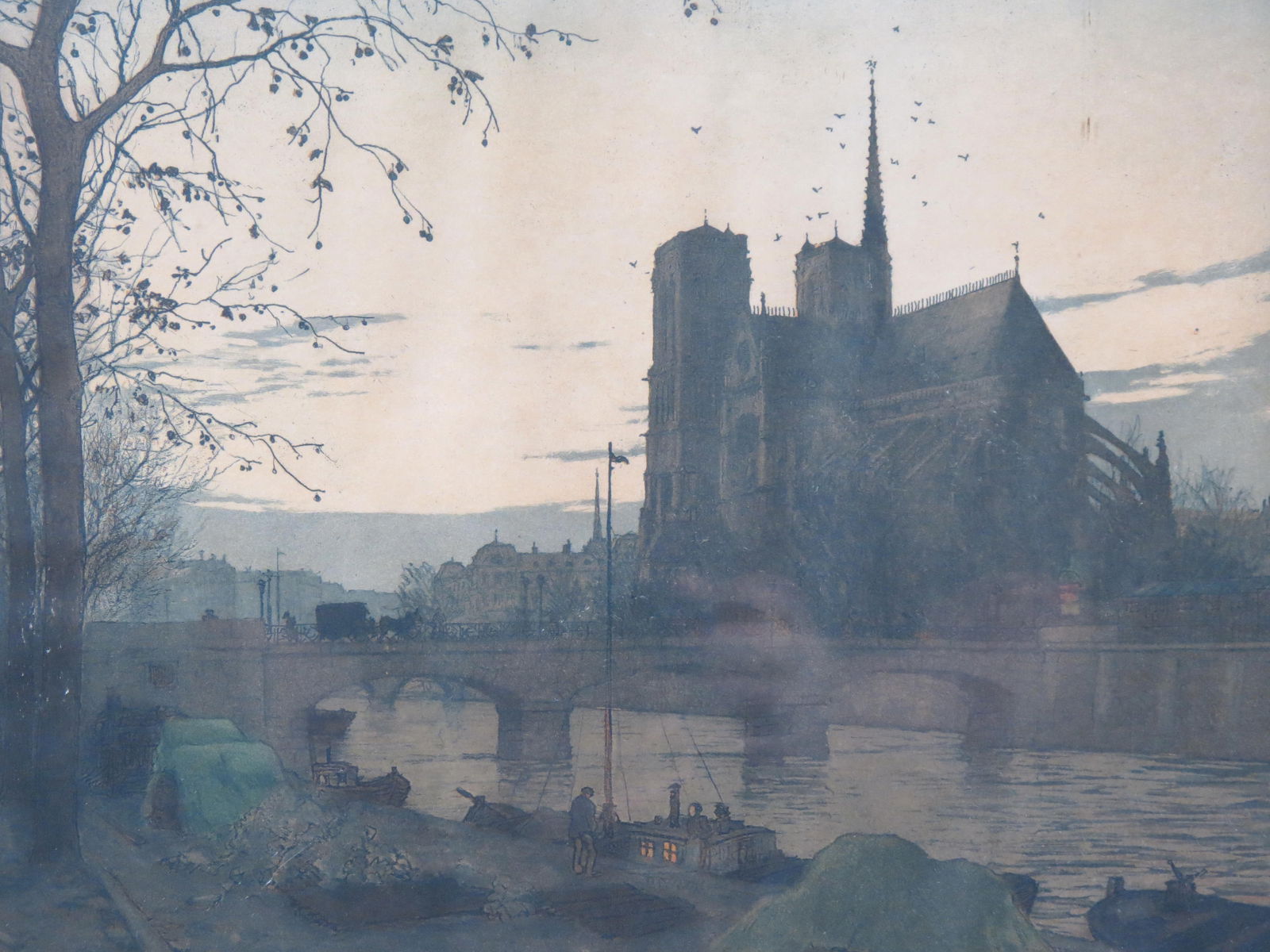 Tavik F. Simon, etching, Notre Dame, Paris, in the evening", people on benches and strolling  along, (1 of 3)