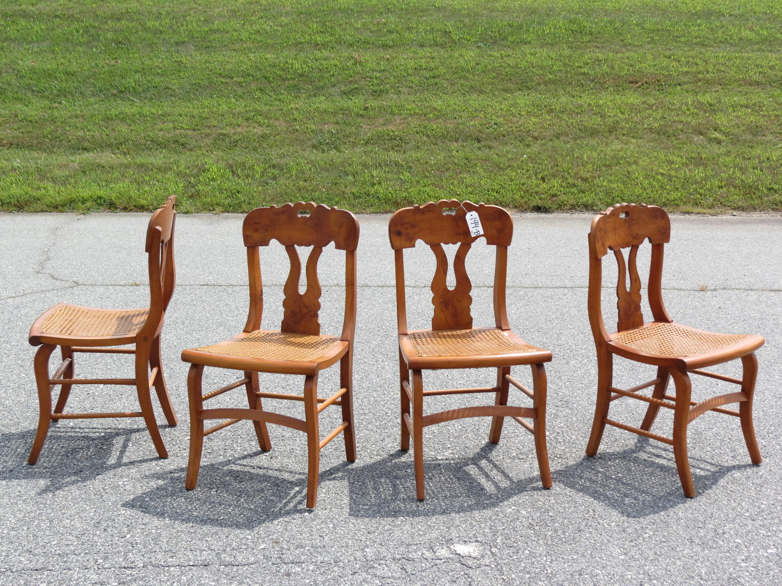 4 Antique Curly Maple Chairs, carved backs, cane seats, 34" tall. (1 of 4)