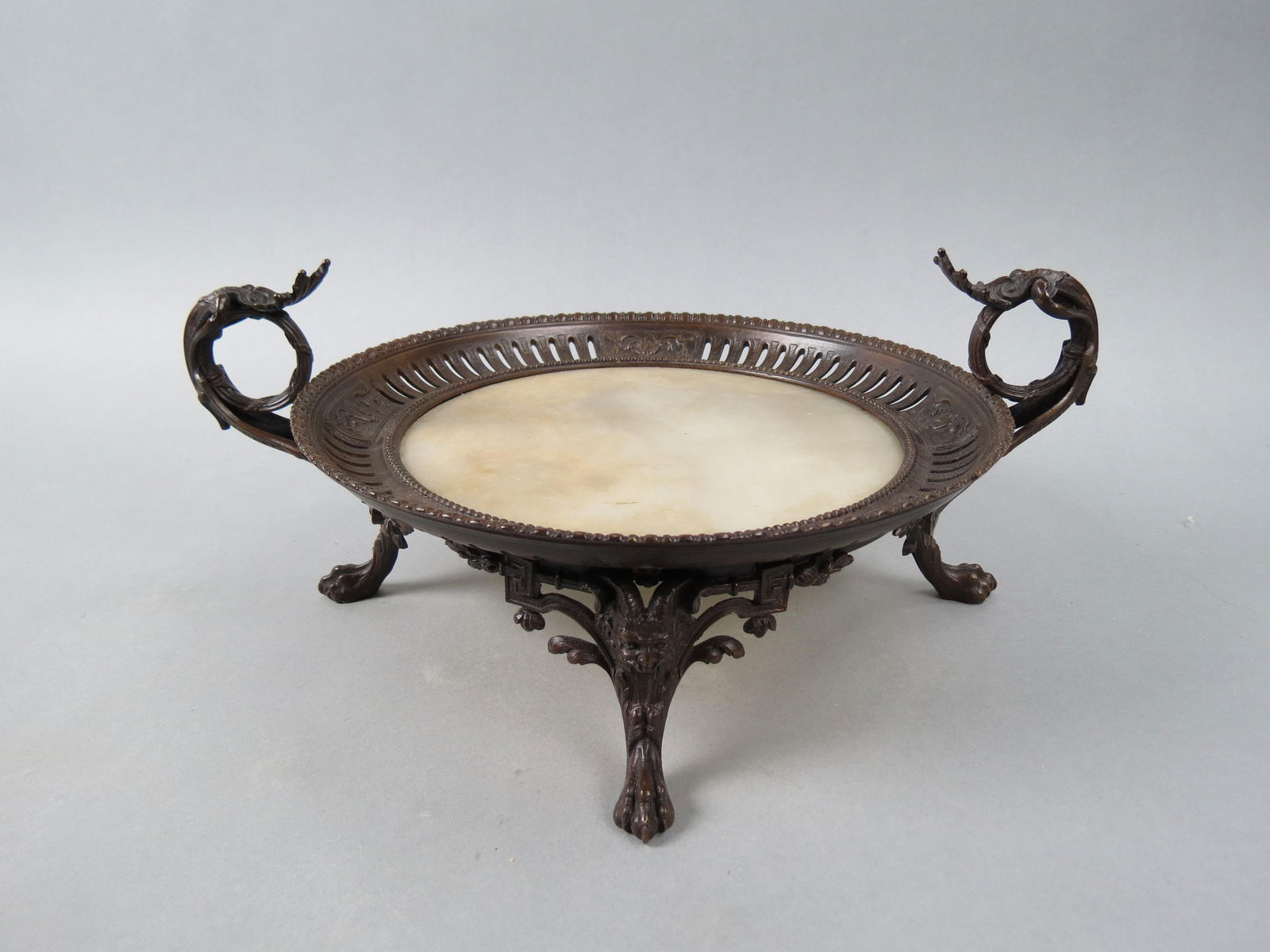 19th Century Bronze & Onyx Centerpiece with Satyrs or devil's heads, paw feet, fancy openwork (1 of 6)