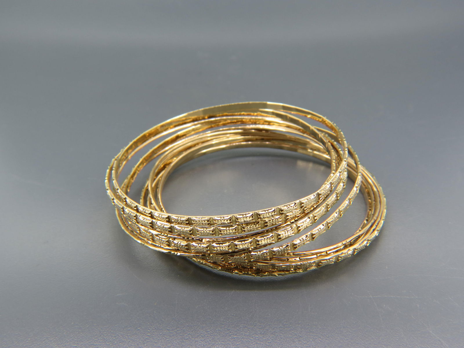 13-14k Gold Bangle Bracelets, 6 with Chinese style design and 7 thinner with  bright cut designs, 8" (1 of 3)