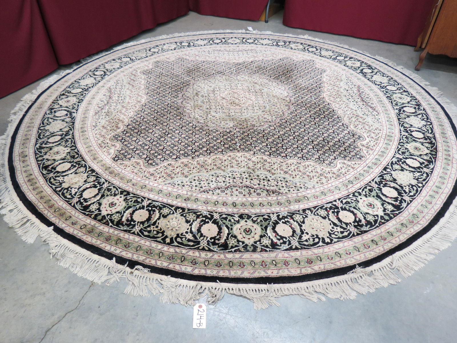 Tabriz Persian Handmade Round Rug, elaborate overall designs on light green, indigo  and ivory, (1 of 6)