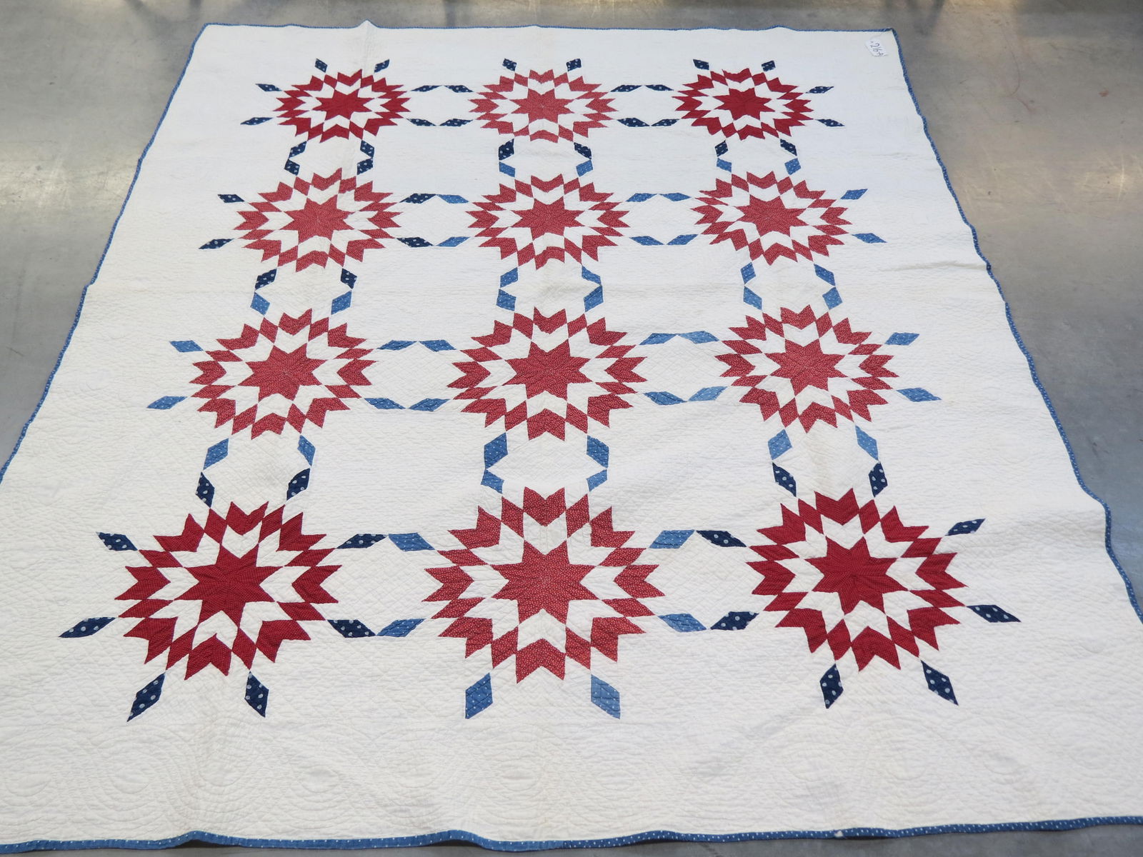 Antique Handmade Quilt, star in flower variation, red, white and blues, 72" X 90". (1 of 6)