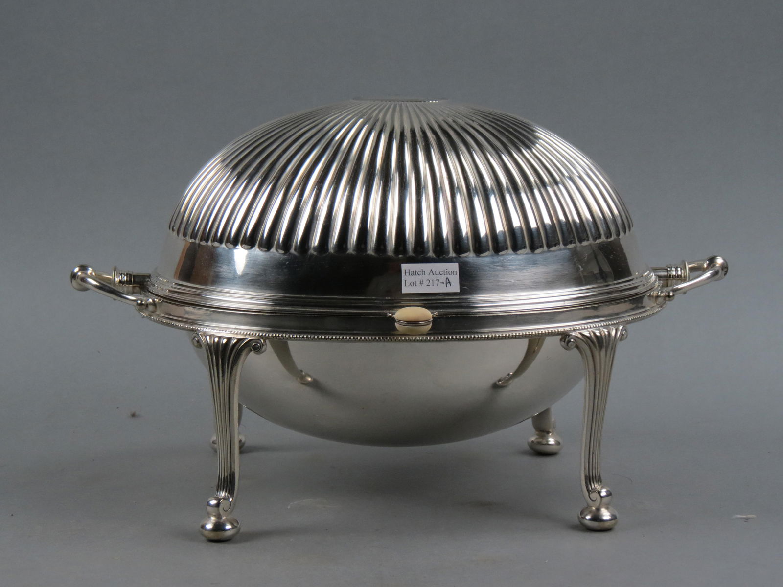 English Silverplate Warming Dome Server, hot water compartment and inner tray, footed and  handled, (1 of 6)