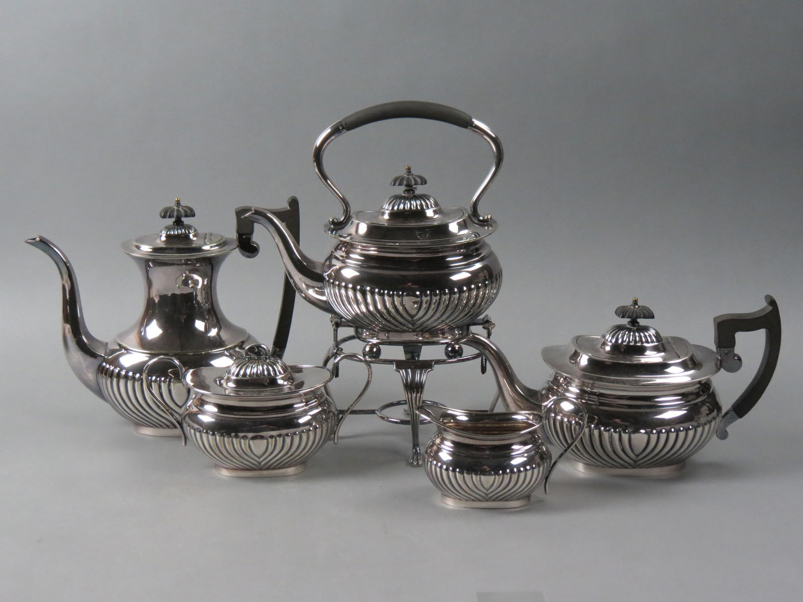 Sheffield Silverplate Tea & Coffee Service, classic English ribbed design, includes teapot, (1 of 5)