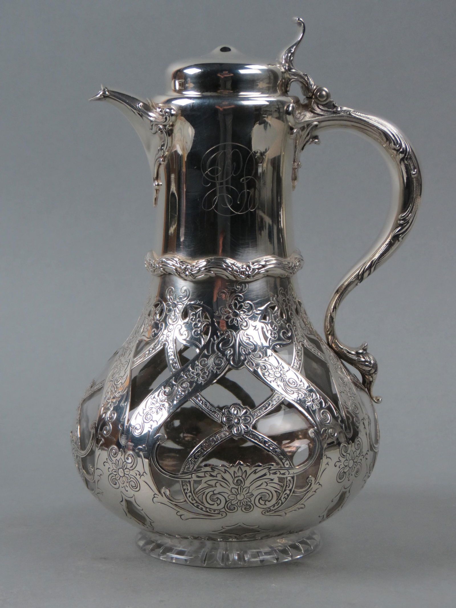 Whiting Silver Overlay Glass Pitcher or Claret Jug with elaborate engraving, lattice style designs, (1 of 7)