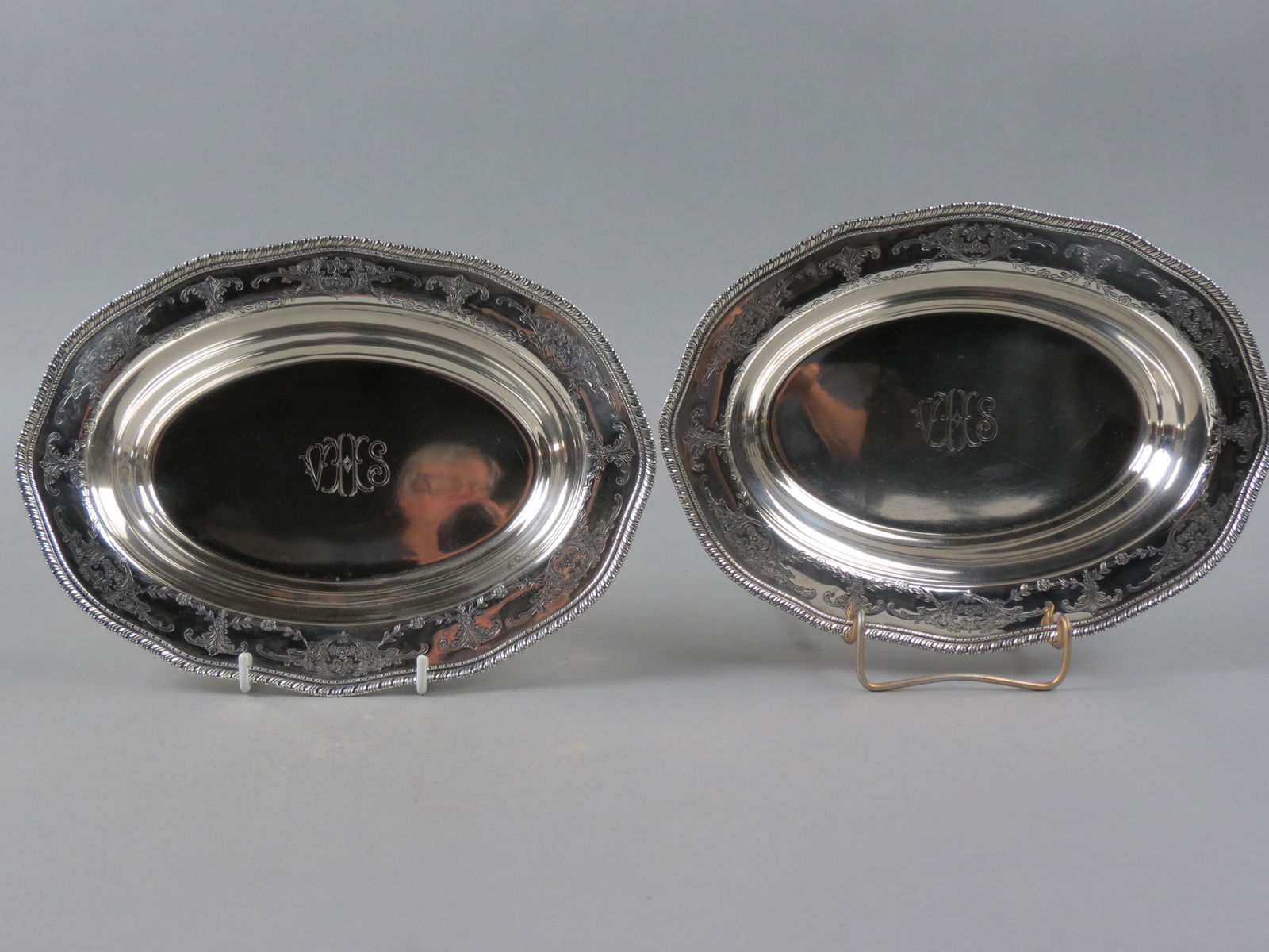 Pair of Sterling Oval Serving Bowls "Georgian", by Whiting, fine floral with gadroon border, oval, (1 of 8)
