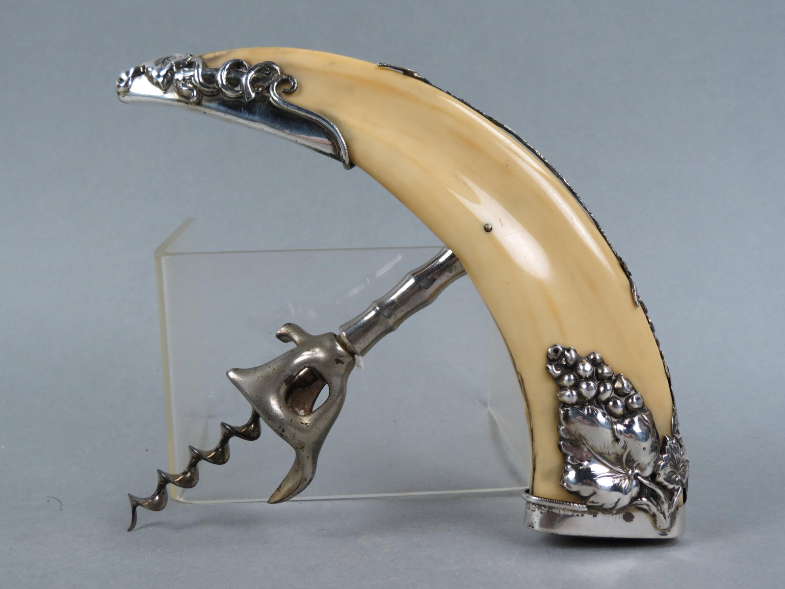 Sterling Silver & Tusk Wine Corkscrew, Victorian, 8" tusk, probably boar, circa 1890.: Sterling Silver & Tusk Wine Corkscrew, Victorian, 8" tusk, probably boar, circa 1890.