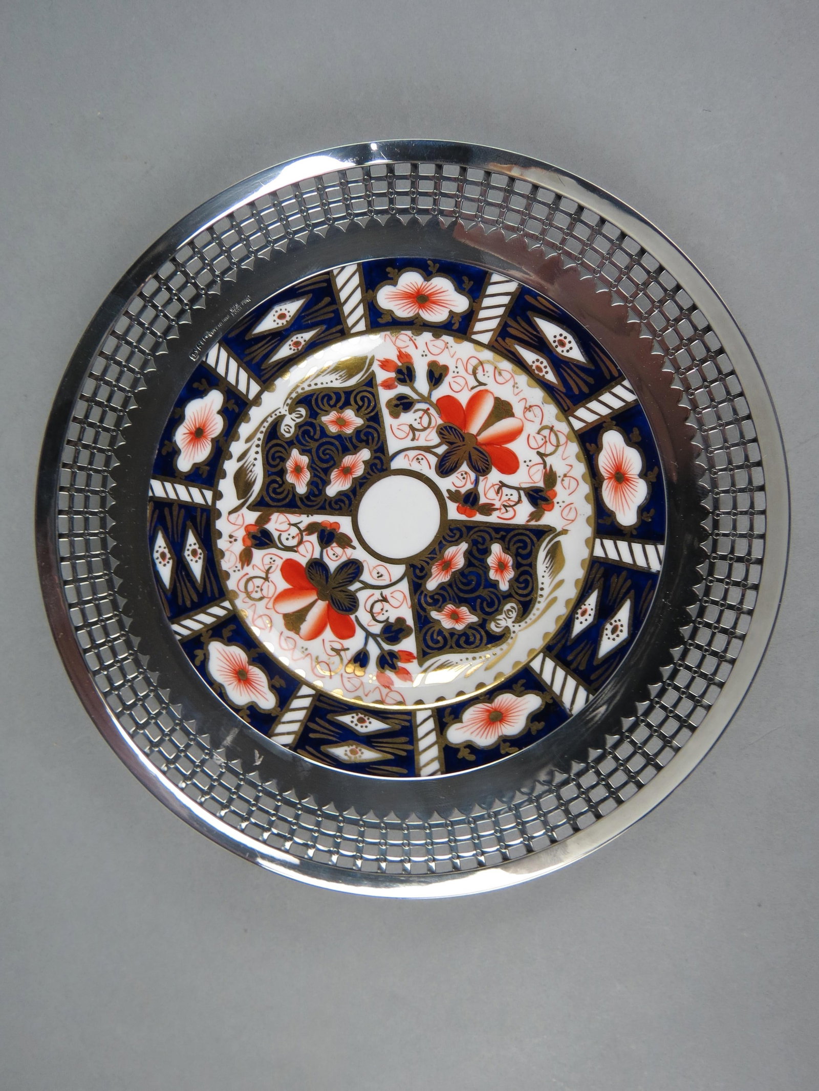Royal Crown Derby Imari & Sterling Dish, English hallmarks on openwork border, 8 1/4" diameter,: Royal Crown Derby Imari & Sterling Dish, English hallmarks on openwork border, 8 1/4" diameter, excellent.
