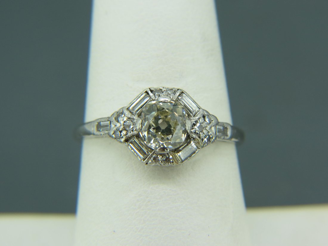 Antique Platinum & Diamond Ring, .80 carat round Old European cut diamond center with baguette  and (1 of 7)