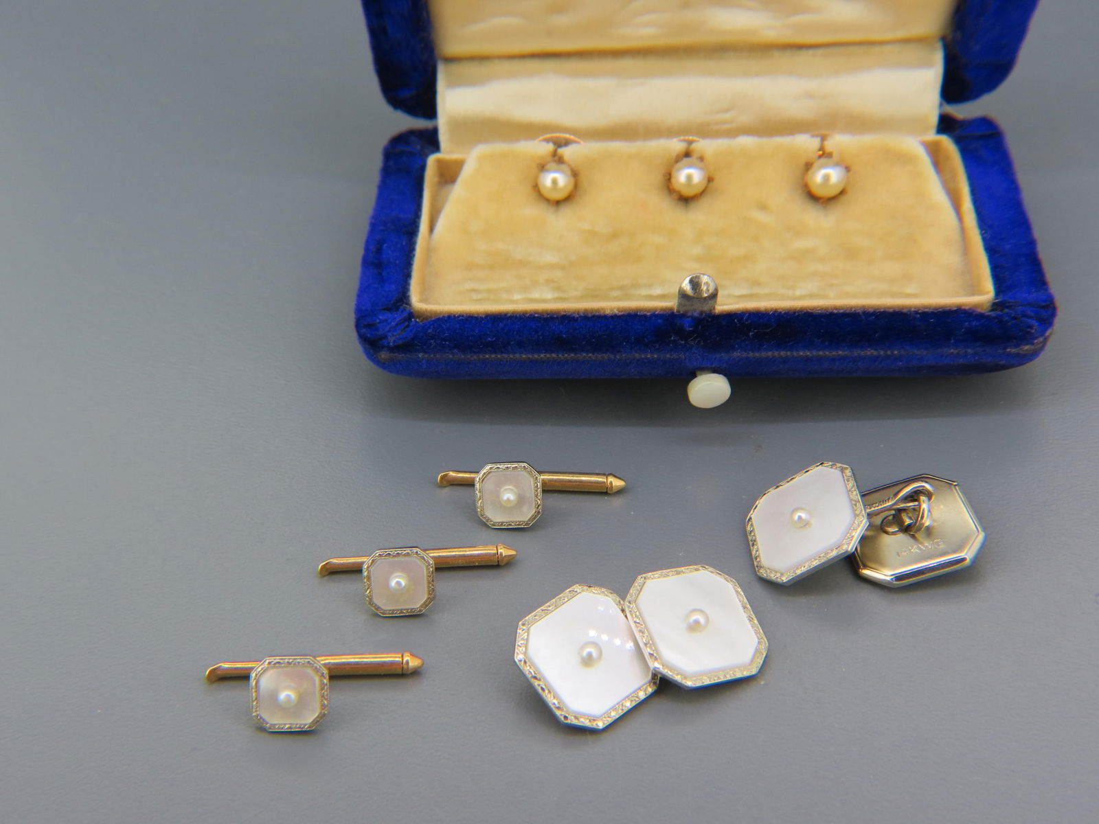 14K Gold Cufflinks & Stud Set, white gold with pearls set in mother-of-pearl, 5  pc. set along with (1 of 4)