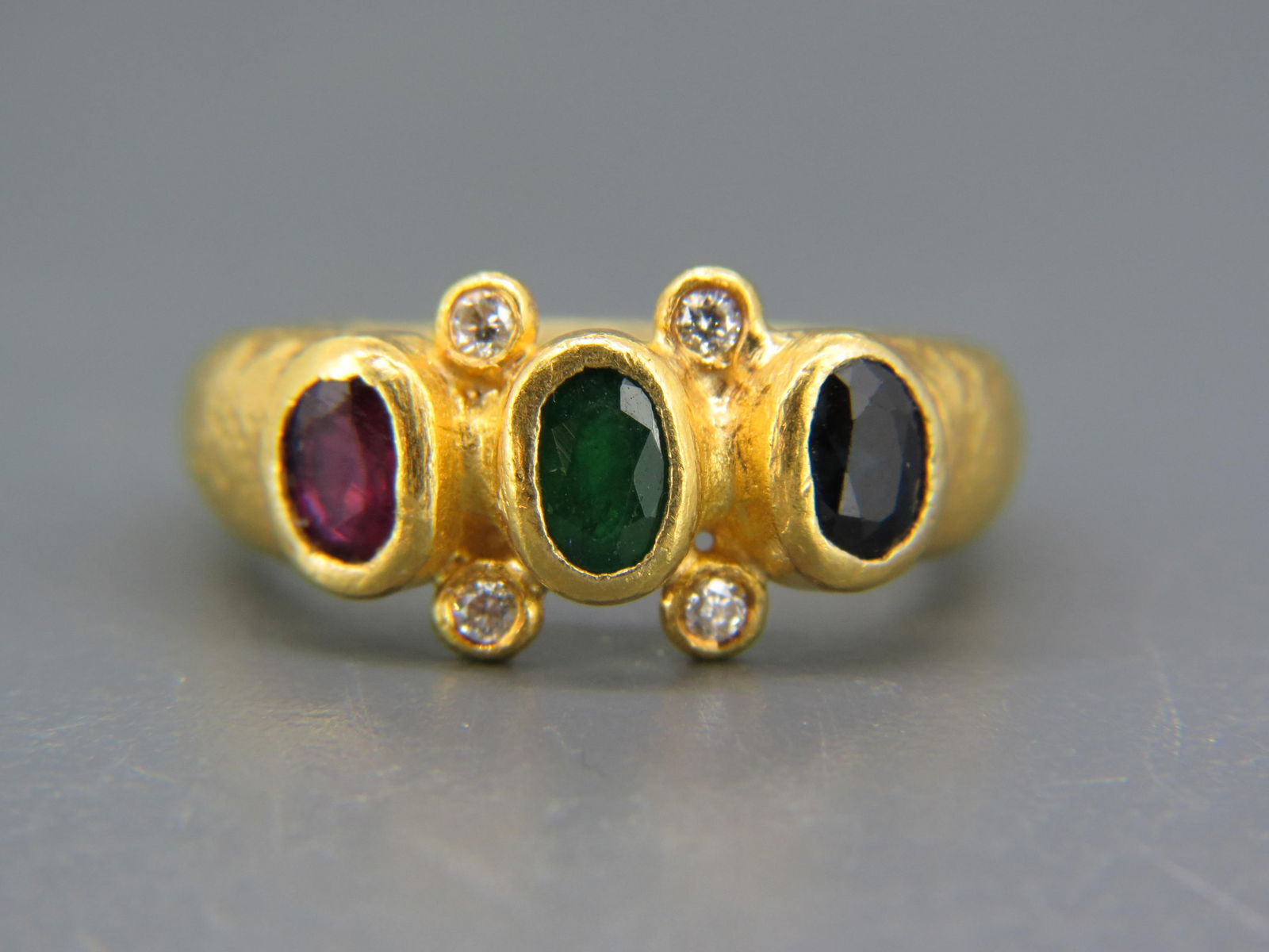 Sapphire, Ruby, Emerald & Diamond Ring, 21k Gold on silver, designer, oval blue sapphire weighing (1 of 6)