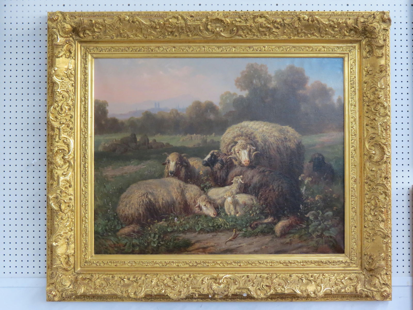 Louis (Ludwig) Reinhardt, oil, Resting Sheep, on canvas, image area 33" X 43" plus elaborate  gold (1 of 9)