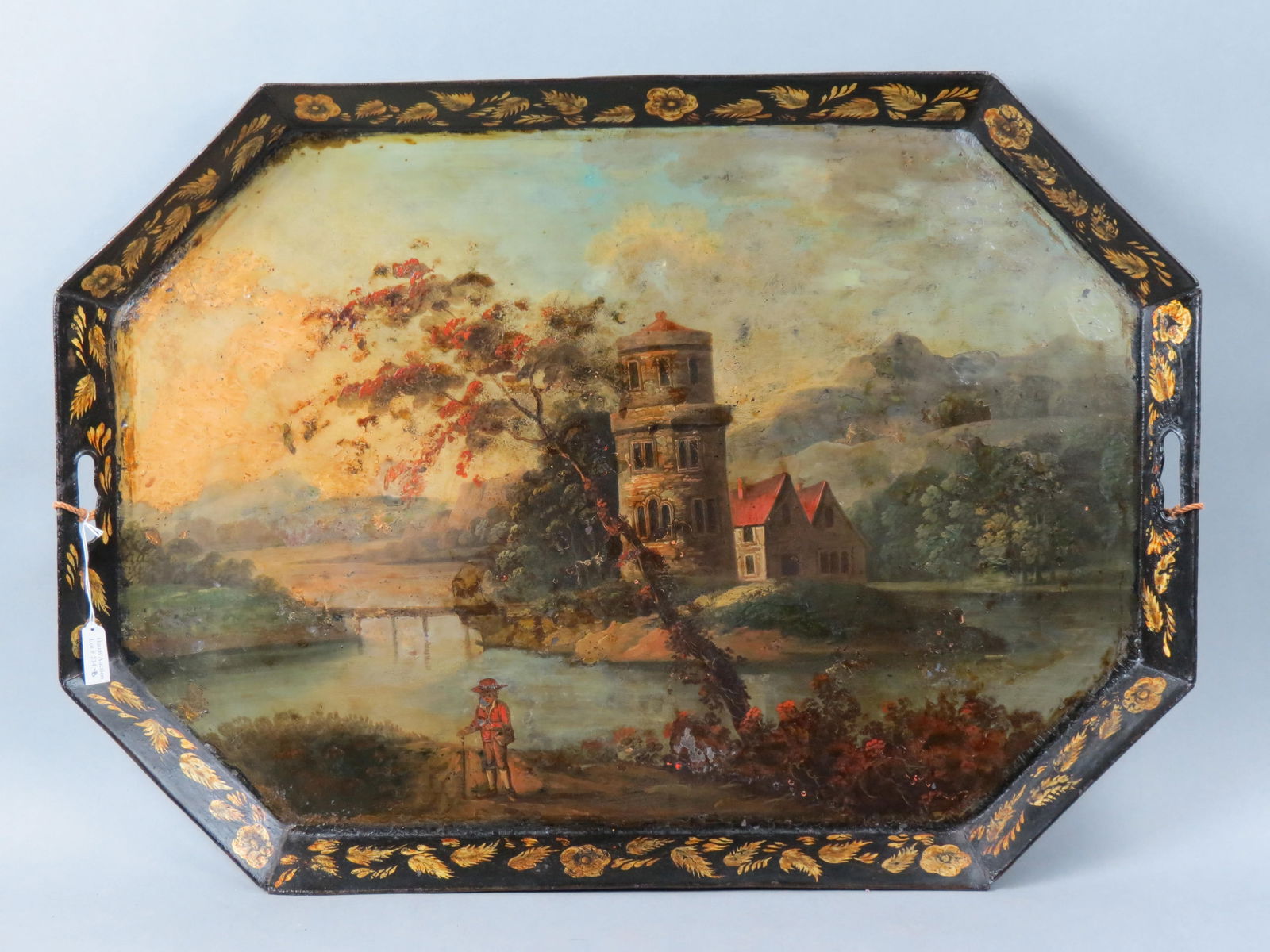 19th Century Tole Tin Tray with landscape, a figure by the water, house on island, gold gilt  floral (1 of 7)