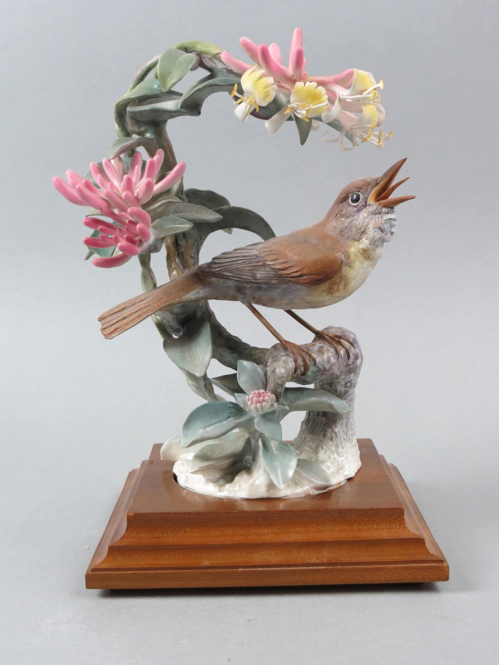 Royal Worcester Bird Figurine by Dorothy Doughty, "Nightingale & Honeysuckle", 9 1/2" plus wood (1 of 6)