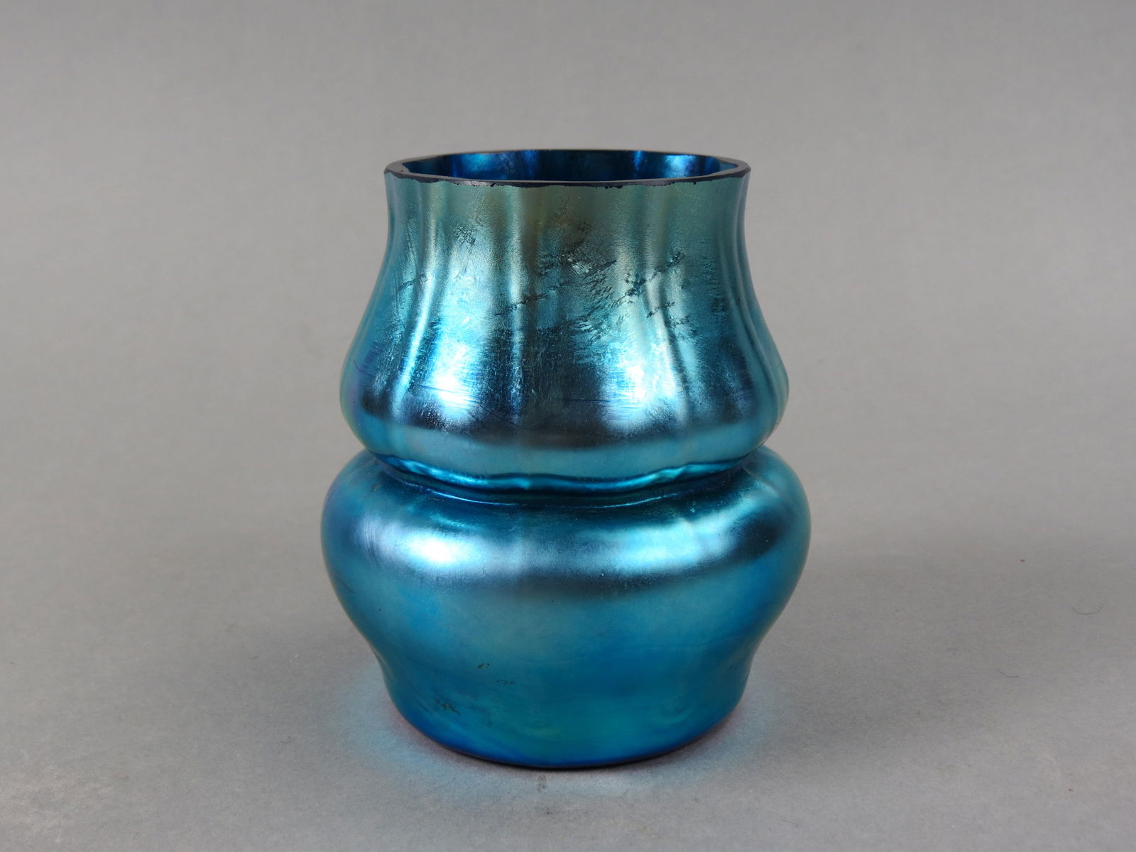 Steuben Aurene Art Glass Vase, blue, iridescent finish, 4" tall (once taller), signed. (1 of 4)