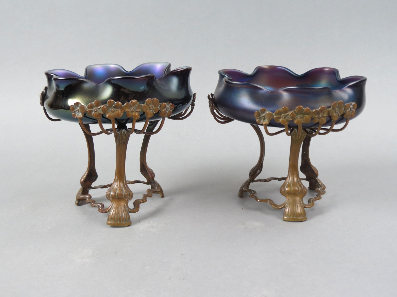 Pair of Loetz Art Glass & Bronze Compotes, iridescent deep amethyst glass in Art Nouveau  floral (1 of 8)