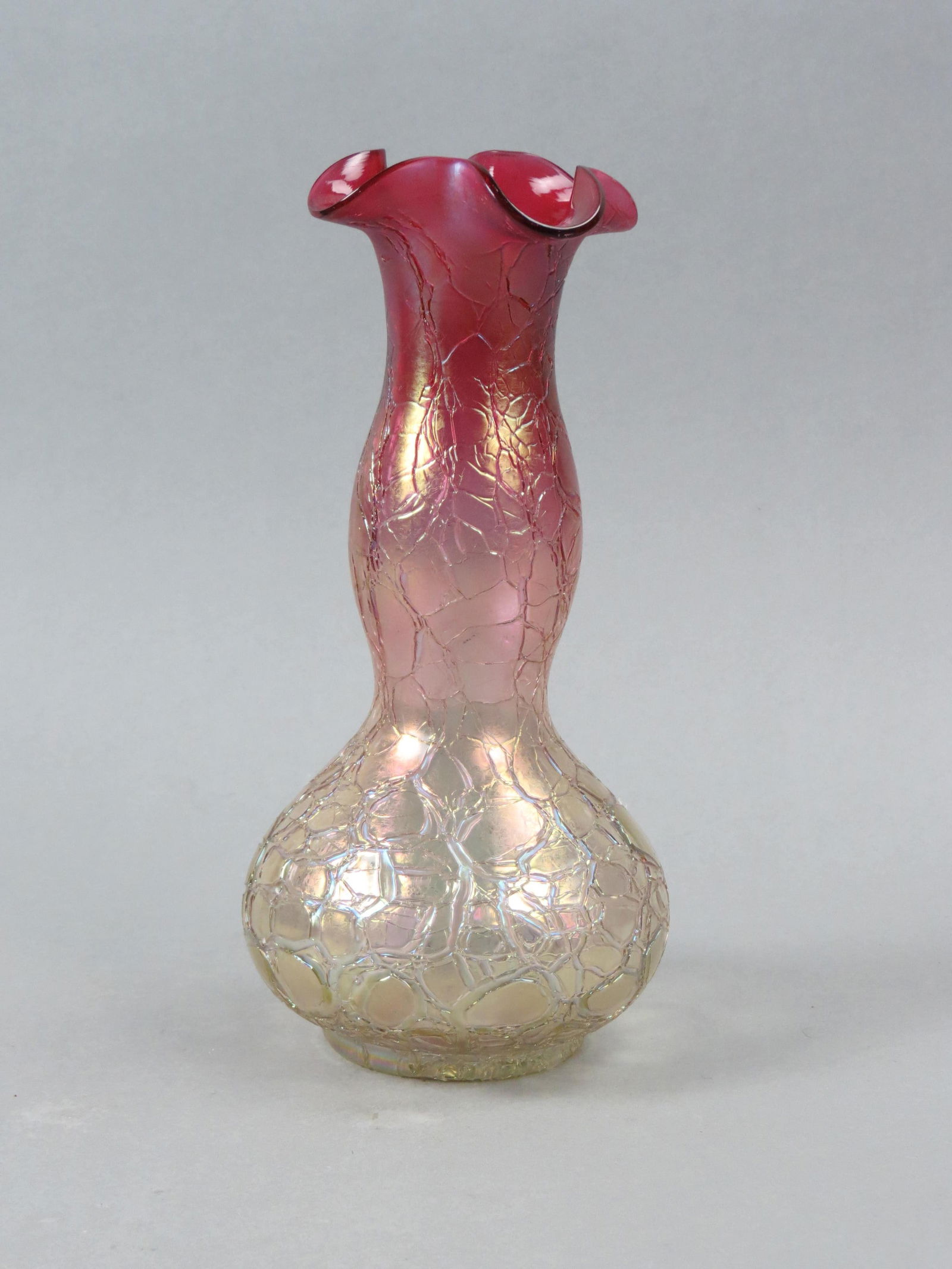 Loetz Art Glass Vase, cranberry to clear with iridescent finish on  textured surface, 10 1/2" tall, (1 of 6)