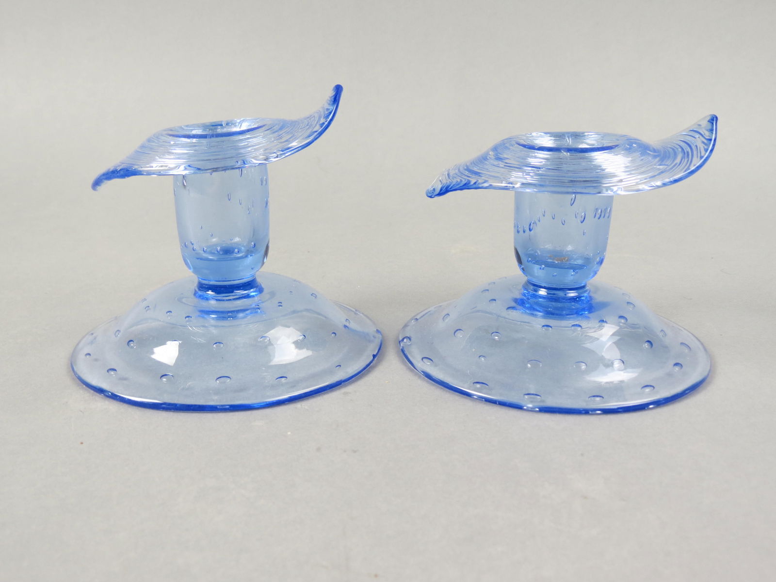 Steuben Art Glass Candleholders, pair, blue with threaded leaf shape tops and controlled  bubble (1 of 5)