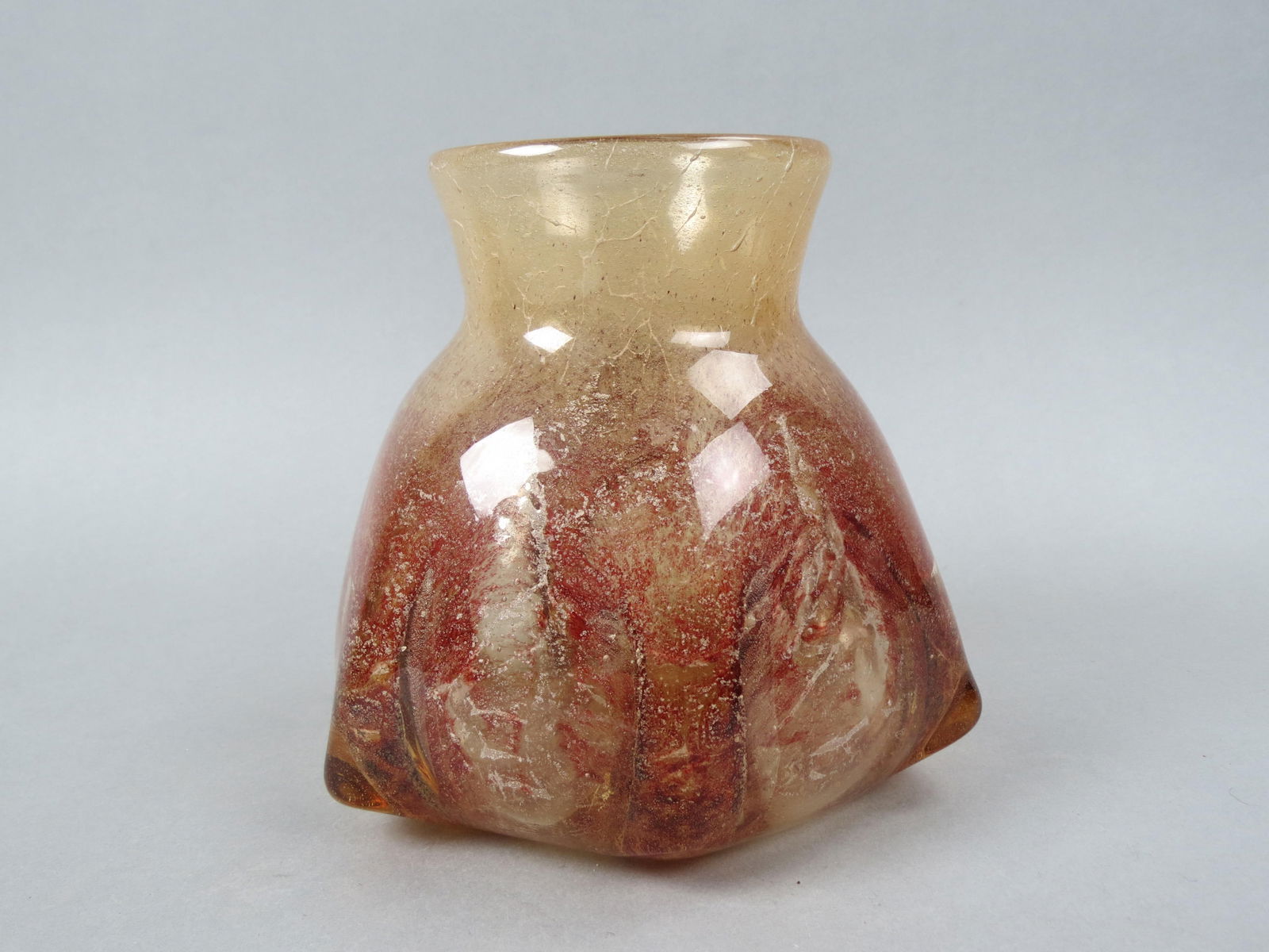 WMF "Ikora" Art Glass Vase, mottled reds and browns, sack form, 7" tall,  excellent. (1 of 5)