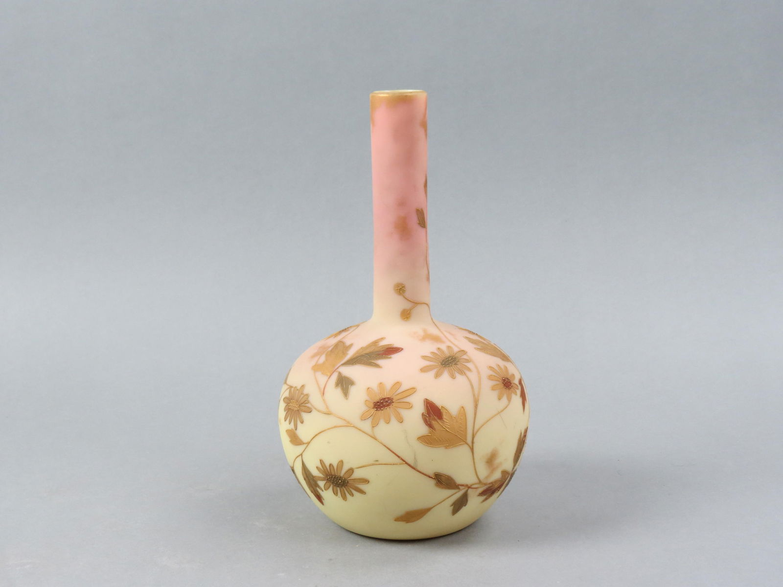Mt. Washington Peachblow Art Glass Vase, enameled floral decoration, 9 3/4" tall, circa  1890, (1 of 6)