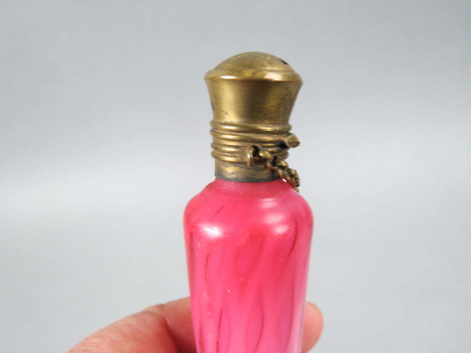 Victorian Cranberry Art Glass Perfume Bottle, laydown style, satin with elongated internal  decor, (1 of 4)