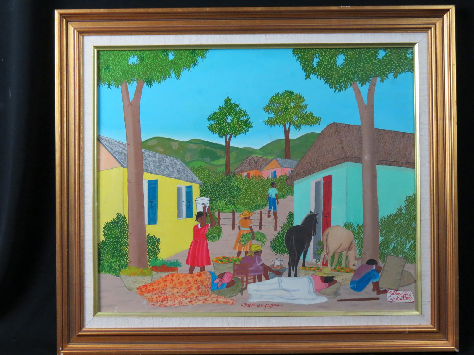 Othon Obin, oil, Haitian Villagers "Repos des Paysans", with figures, homes and horses, image area: Othon Obin, oil, Haitian Villagers "Repos des Paysans", with figures, homes and horses, image area 20" X 24" plus frame, listed artist......Othon Obin, the son of Seneque Obin and nephew of Philome Ob