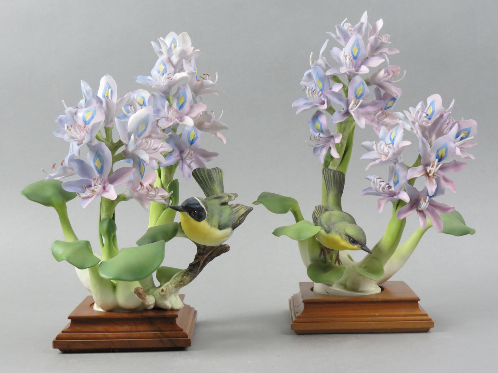 Pair of Royal Worcester Birds by Dorothy Doughty, "Yellow Throats & Water Hyacinths", male and: Pair of Royal Worcester Birds by Dorothy Doughty, "Yellow Throats & Water Hyacinths", male and female, issued in 1958, 11 1/2" plus wood bases...Dorothy Doughty was born in San Remo, Italy in 1892. He