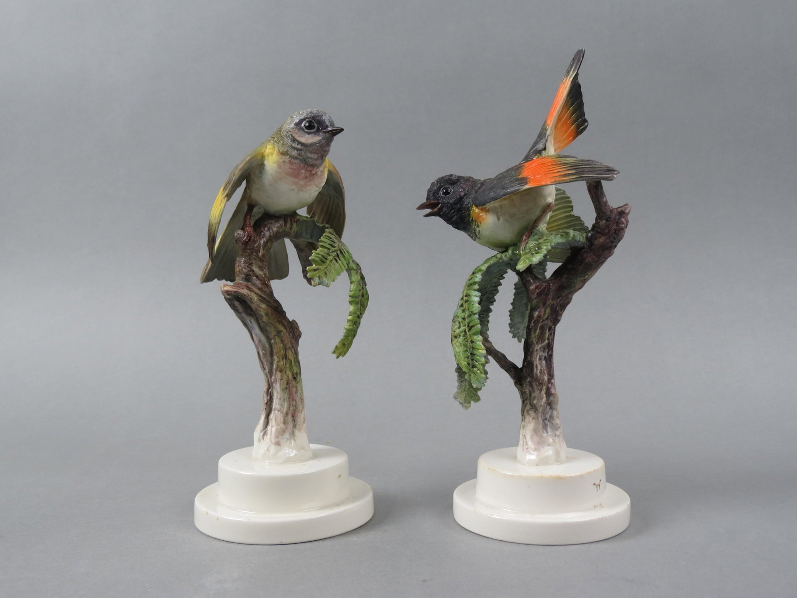 Pair of Royal Worcester Birds by Dorothy Doughty, "American Redstarts & Hemlock", male and female,: Pair of Royal Worcester Birds by Dorothy Doughty, "American Redstarts & Hemlock", male and female, issued in 1935, 9", note a scarcer pair with only 66 made. In 1980 Sole Representative shop of Dougla