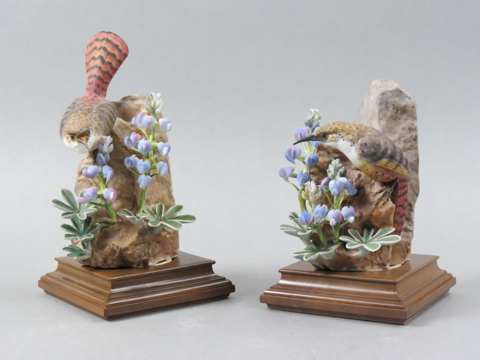 Pair of Royal Worcester Birds by Dorothy Doughty, "Wrens and Wild Lupin", male and female, issued in: Pair of Royal Worcester Birds by Dorothy Doughty, "Wrens and Wild Lupin", male and female, issued in 1961, 8" plus wooden bases....Dorothy Doughty was born in San Remo, Italy in 1892. Her father was t