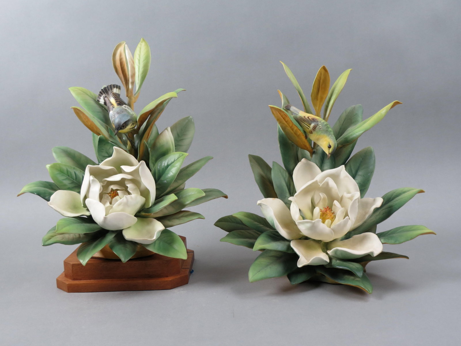Pair of Royal Worcester Birds by Dorothy Doughty, "Magnolia Warblers & Magnolias", male and female,: Pair of Royal Worcester Birds by Dorothy Doughty, "Magnolia Warblers & Magnolias", male and female, issued in 1950, 15" plus wooden bases, a scarcer pair, only 150 made. In 1980 Sole Representative Do