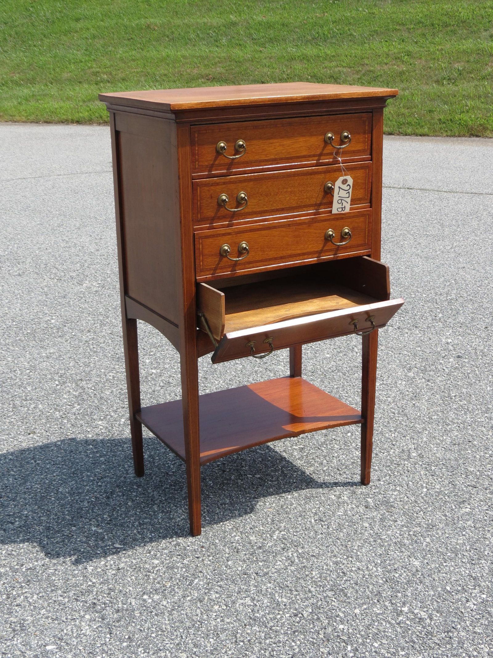 Mahogany Sheet Music Cabinet, fine inlay, four drawers with drop fronts, lower shelf, 36" tall, 20": Mahogany Sheet Music Cabinet, fine inlay, four drawers with drop fronts, lower shelf, 36" tall, 20" wide, 15" deep.