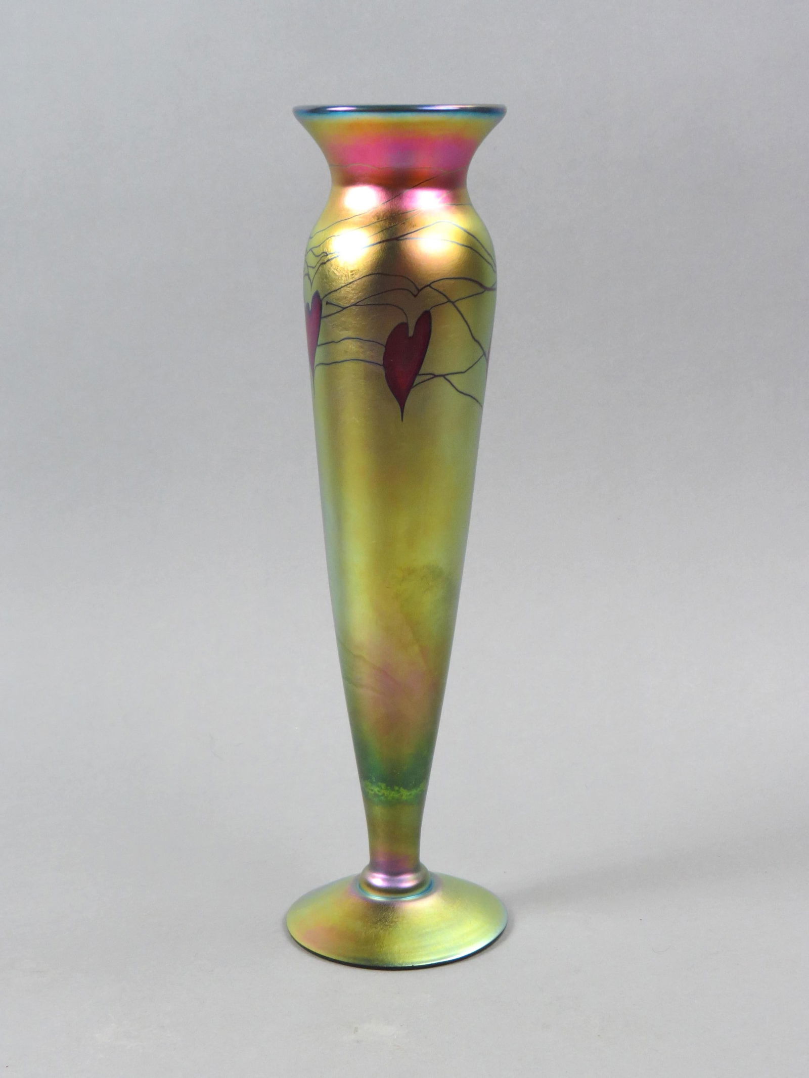 Lundberg Studios Art Glass Vase, trailing heart and vine on golden iridescent, 13  1/2", signed and (1 of 5)
