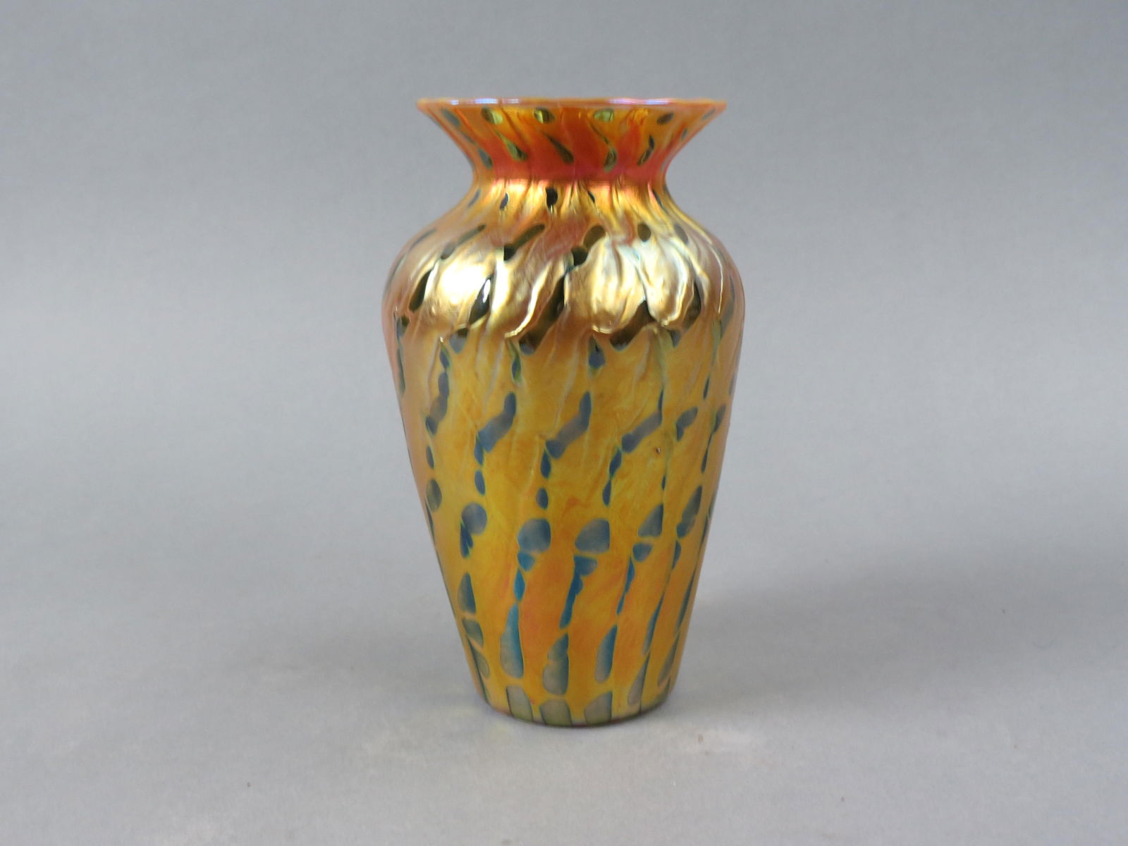 Lundberg Studios Art Glass Vase, green designs on golden iridescent design, 7 1/2",  signed and (1 of 5)