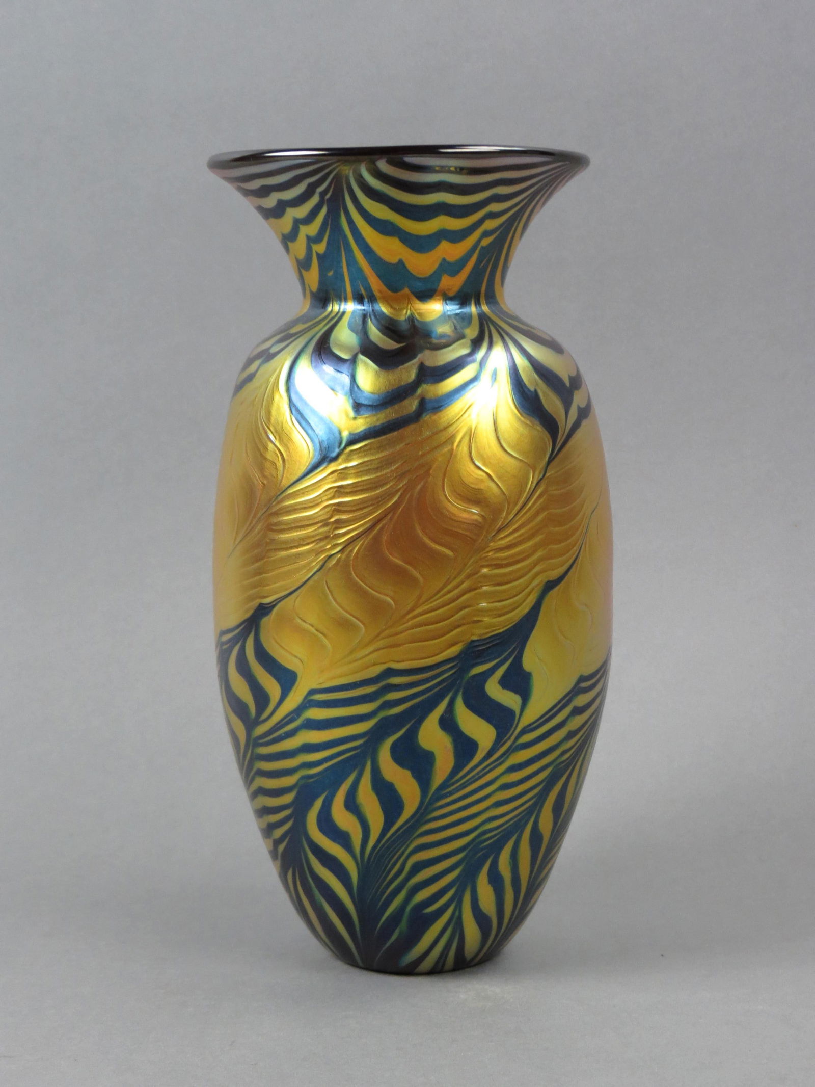 Lundberg Studios Art Glass Vase, raised pulled feather style designs with blue and  gold iridescent (1 of 4)