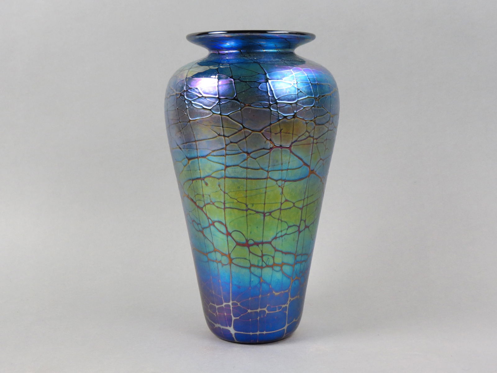 Studio Art Glass Vase, trailing vine style decoration on iridescent  amethyst, 11" tall, unsigned, (1 of 5)