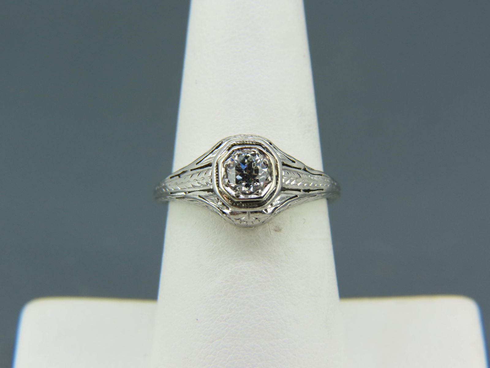 Platinum & Diamond Art Deco Filigree Ring, old European cut round diamond weighing .42 carat,  high (1 of 6)