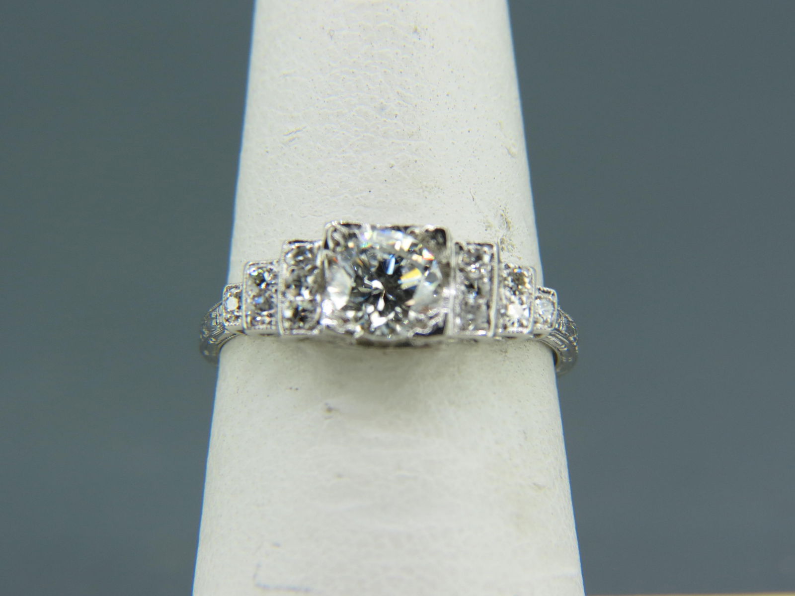 Platinum & Diamond Art Deco Ring, round brilliant .75 carat center diamond and 12  round diamonds (1 of 6)